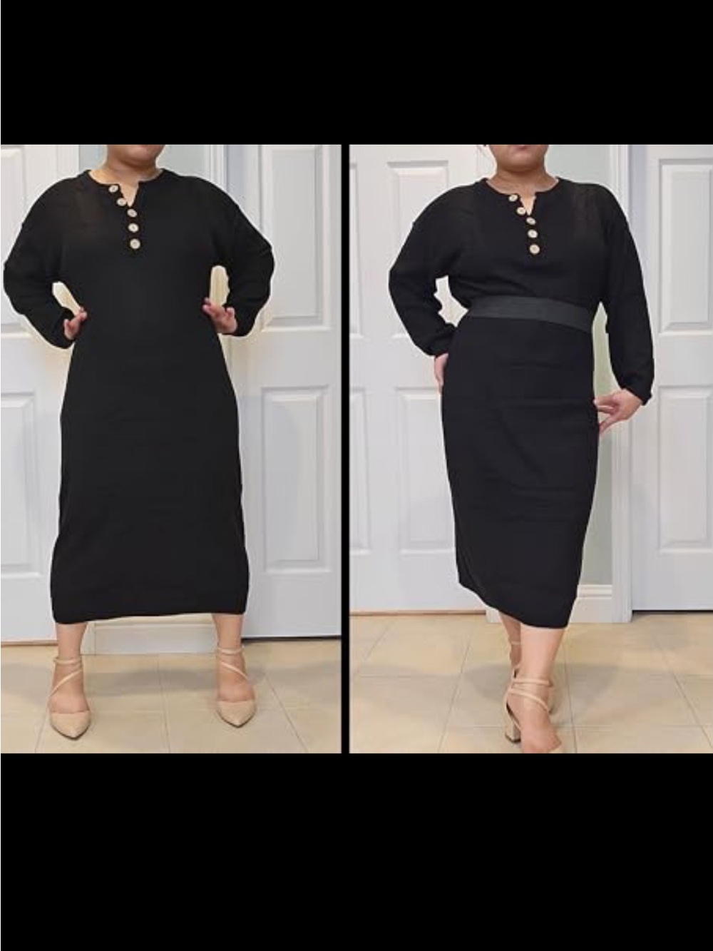 Amazon Black Button-Detail Long Sleeve Midi Dress